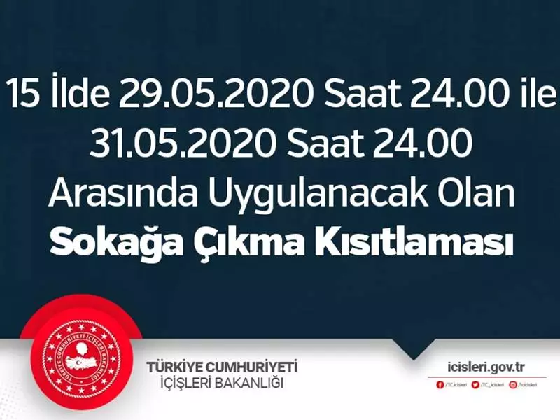 15 İlde 29 - 31 MayısArasında Uygulanacak Olan Sokağa Çıkma Kısıtlaması