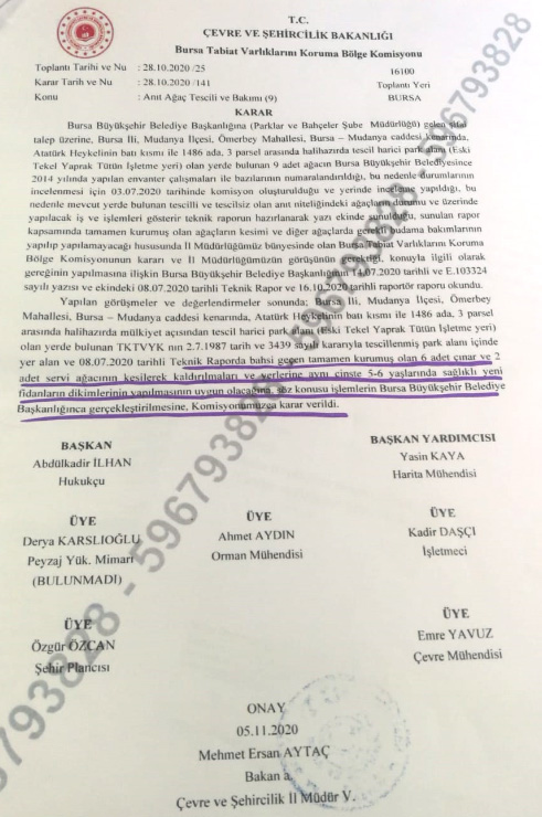Mudanya Belediye Başkanı Hayri Türkyılmaz Eski Tekel Parkı'nda bazı ağaçların kesilerek yerlerine Bursa Büyükşehir Belediyesi tarafından yeni ağaçların dikilme sürecinde Ak Parti Mudanya İlçe Başkanlığının yapmış olduğu basın açıklamasına sosyal medyadan Çevre ve Şehircilik Bakanlığı belgesiyle cevap verdi.  Başkan Türkyılmaz sosyal medya hesabından yaptığı açıklamada ;