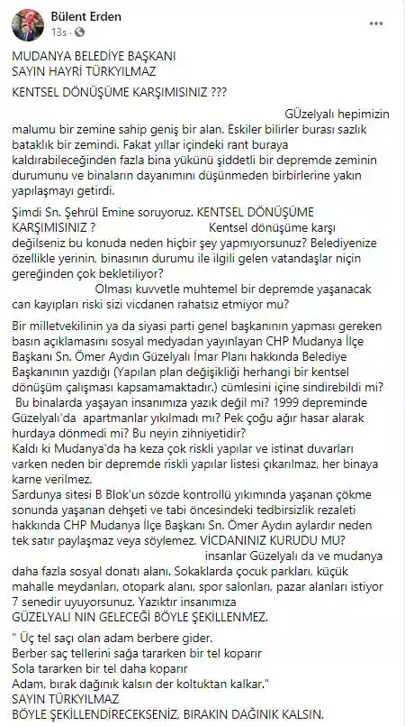 Milliyetçi Hareket Partisi (MHP) Mudanyaya Belediye Meclisi Grup Sözcüsü Bület ERDEN sosyal medya hesabından Güzelyalı İmar Planında Kentsel Dönüşüme yer verilmeyeceği vurgusu yapan Belediye Başkanı Hayri Türkyılmaz'a ve yerelde pek çok sorun varken ülke siyasetine dair açıklamaları sosyal medya hesabından paylaşarak Mudanya'da yaşananlara sessiz kalan Cumhuriyet Haşl Partisi (CHP) İlçe Başkanı Ömer AYDIN'a sert tepki gösterdi.