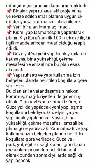Mudanya Belediye Başkanı Hayri Türkyılmaz, Siteler, Eğitim, Yalı, Burgaz, Altıntaş, Ömerbey ve Aydınpınar mahallelerini kapsayan 1/1000 Ölçekli Güzelyalı Revizyon Uygulama İmar Planı’na ilişkin açıklama yaptı. Yapılan plan değişikliğinin herhangi bir kamulaştırma, yıkım veya kentsel dönüşüm çalışmasını kapsamadığının altını çizen Başkan Hayri Türkyılmaz, planlarla ilgili kamuoyunda yanlış bilinen detayları aktardı.