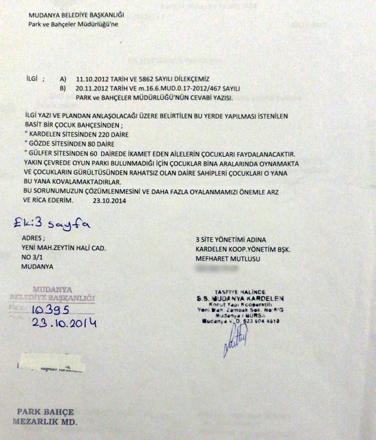 30 yılını Bursa Büyükşehir Belediyesi Fen İşleri Dairesi bünyesinde geçiren ve kooperatif kurulduğundan bu yana kooperatif başkanı olan Mefharet Mutlusu tüm yasal prosedürlerinin usülüne uygun olarak takip edilmesine ve kendilerine düşen görevleri yapmalarına rağmen yaşanan duyarsızlıkları dile getirdi. Sitede oturan ve Cumhuriyet Halk Partisine gönül veren site sakinleriyle CHP'li Mudanya Belediye Başkanı Hayri Türkyılmaz'ın çalışmadığını, sadece koltukta oturduğunu ve konser düzenlemekten başka bir şey bilmediğini, asla insanları dinleyip sorunlarını önemseyen biri olmadığını belirterek "Bir daha asla o koltuğa oturamayacak asla" diyerek tepkilerini dile getirdiler.