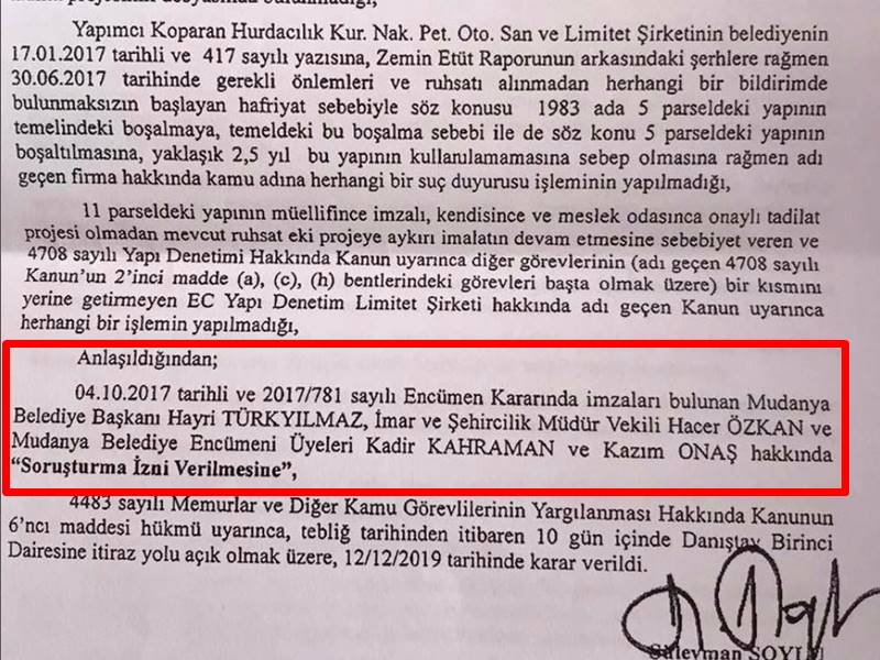 Bundan 3 yıl önce Güzelyalı Eğitim Mahallesinde bitişik nizam yapılaşma olan alanda bir binanın yıkımı ve harfiyat alınması sırasında yan binada oluşan hasar ve binanın boşaltılması sonrasında başlayan hukUki süreçte İçişleri BaKanlığının incelemesi sonunda Belediye Başkanı Hayri Türkyılmaz, İmar ve Şehircilik Müdür Vekili Hacer Özkan ve Mudanya Belediye Encümeni Üyeleri Kadir Kahraman ve Kazım Onaş hakkında soruşturma izni verildi.