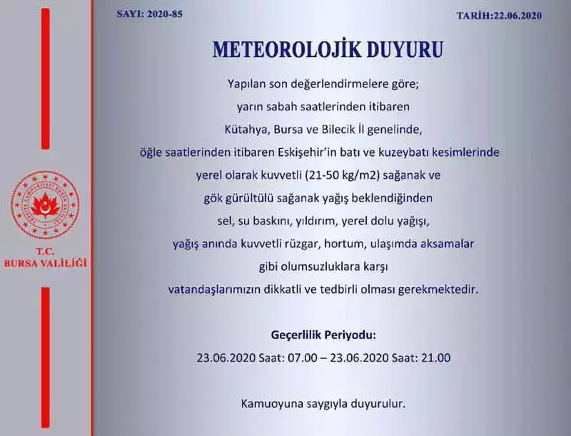 Bursa Valiliği Uyardı. Şiddetli Yağış Uyarısı