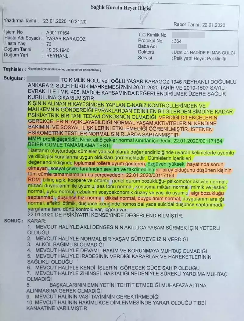 Emekli Tümgeneral Yaşar Karagöz Sağlık Raporu