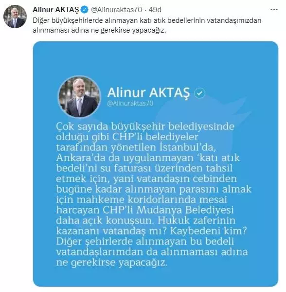 Bursa Büyükşehir Belediye Başkanı Alinur Aktaş Mudanya Belediye Başkanı Hayri Türkyılmaz'ın katı atık bedeli'ni su faturaları üzerinden tahsil etmek için gösterdiği ısrarı ve hukuk zaferi olarak yaptığı açıklamayı eleştirerek diğer şehirlerde alınmayan bedelin vatandaşlardan alınmaması için ne gerekirse yapacaklarını açıkladı. 