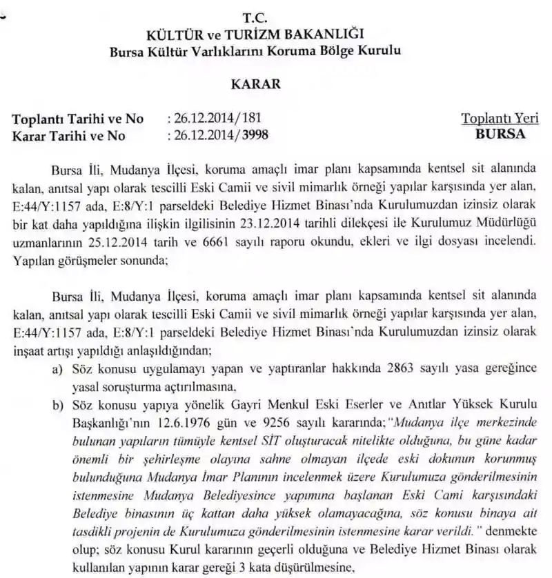 Gayri menkul eski eserler ve anıtlar yüksek kurul başkanlığının 12.6.1976 gün ve 9256 sayılı kararı. Mudanya Belediye Binası KAÇAK