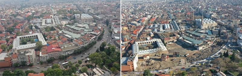Bursa’da 600 yıllık hanları çevreleyen 37 binanın yıkılmasıyla Tarihi Çarşı ve Hanlar Bölgesi tamamen gün yüzüne çıktı. Bursa Büyükşehir Belediyesi’nin ‘kentin geleceğine damga vuracak’ Tarihi Çarşı ve Hanlar Bölgesi Çarşıbaşı Kentsel Tasarım Projesi kapsamında 37 binanın yıkımı tamamlandı. Böylelikle Cemal Nadir Caddesi ile tarihi hanlar arasındaki tüm engeller ortadan kalkmış oldu.
