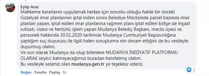 Eyüp Araz'ın sosyal medya da haberimizin altına yaptığı yorum Tarih 21-05-2021
