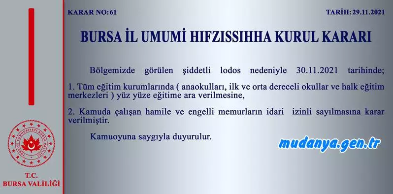 Bursa Valisi Yakup CANABOLAT Twitter'dan şiddetli lodos fırtınası nedeniyle Bursa genelinde okulların 1 gün süreyle tatil edildiğini, kamu kurum ve kuruluşlarında çalışan engelli ve hamile personelin idari izinli sayılacağını duyurdu.