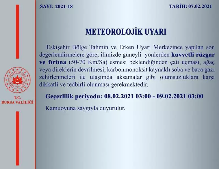 BURSA KUVVETLİ FIRTINA UYARISI