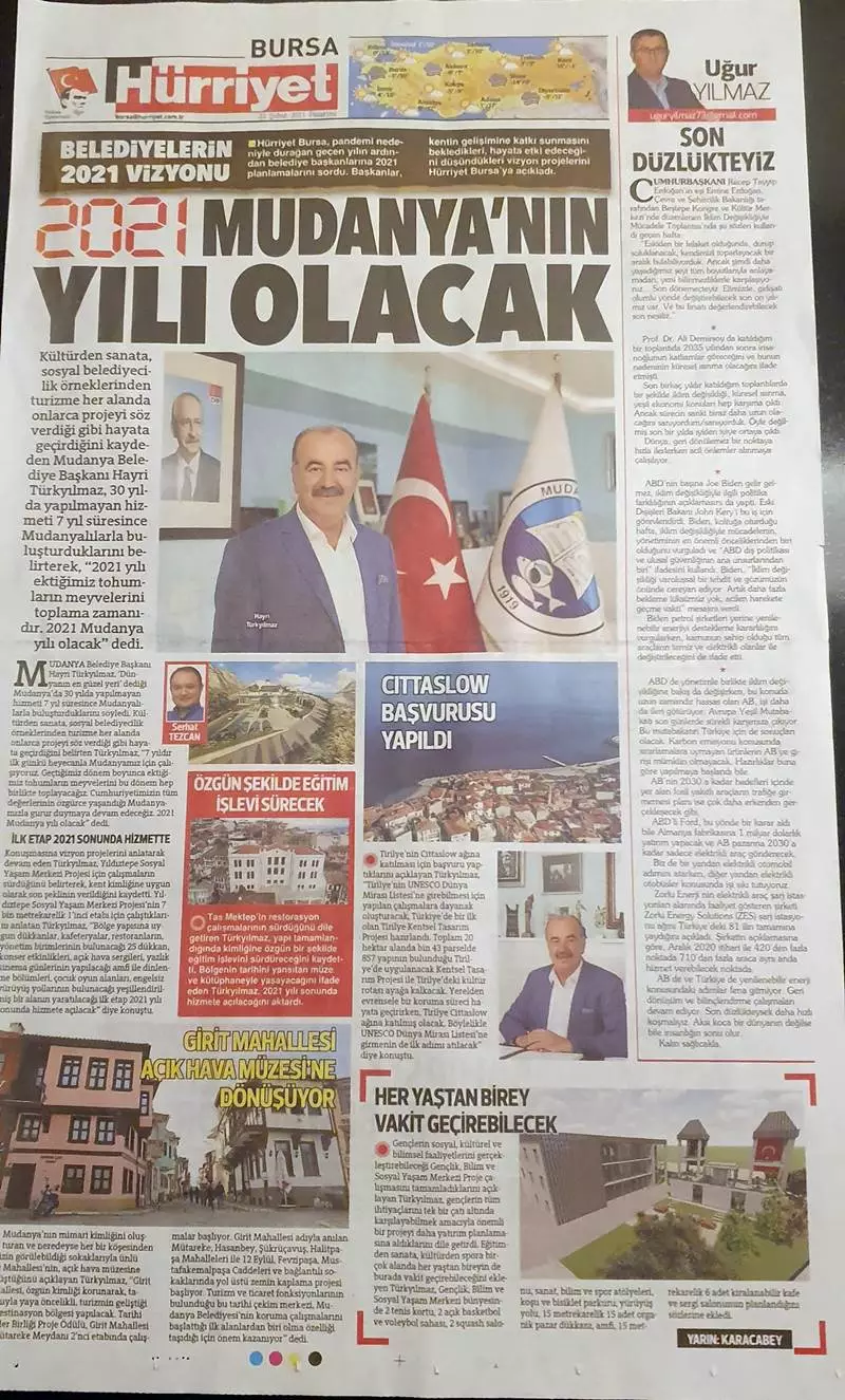 Milliyetçi Hareket Partisi (MHP) Mudanya Belediye Meclis Grup Sözcüsü Bülent Erden Belediye Başkanı Hayri Türkyılmaz'ın ulusal basına kapak yaptırdığı " 2021 Mudanya'nın Yılı Olacak " başlıklı röportajına çarpıcı sorular ve başlıklarla gönderme yaptı. Erden "Reklamlardan fırsat bulduğunuzda aşağıdaki konularda kamuoyunu bilgilendirmenizi rica ediyorum." dedi.