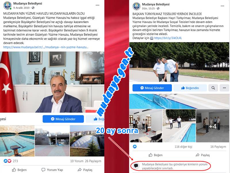 Memleket Partisi Mudanya İlçe Başkanı Hasan Yıldırım Belediye Başkanı Hayri Türkyılmaz'a 20 aydır atıl durumda bıraktığı Güzelyalı Siteler Mahallesi’nde ki Yüzme Havuzunda inceleme yapmasını ve  İl Sağlık Müdürlüğü’nün havuzun temizliği ve hijyeni konusunda getirdiği kriterleri tespit ederek gerekli işlemleri yaptığını açıklamasını sert sözler ve sorularla eleştirdi. Havuzu çalışır vaziyette teslim alan Mudanya Belediye Başkanının tutarsız söylemleri olduğuna dikkat çeken Yıldırım Başkan Türkyılmaz'ı Tİ'ye aldı, Mudanyalıların kayıplarını sordu.
