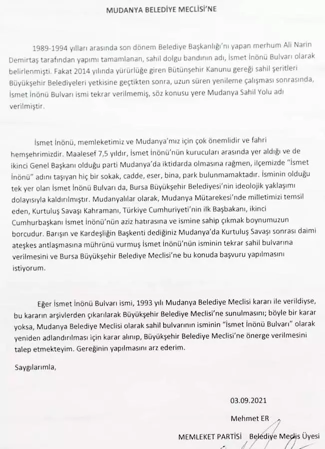 İsmet İnönü ismi Mehmet Er Mudanya Belediyesi Meclisi'ne yazılı önerge