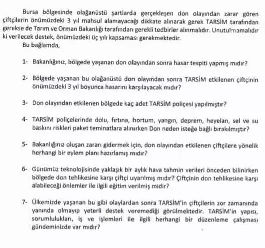 Hüseyin Hatipoğlu İYİ PARTİ MUDANYA İLÇE BAŞKANI " 16 Ocak’ta, Mudanya, Nilüfer, Osmangazi ve Mustafakemalpaşa İlçelerimizde yaşanan don olayıyla, binlerce zeytin ağacı yanarak zarar gören çiftçilerimizin, TARSİM vasıtasıyla zararlarının karşılanması için Tarım ve Orman Bakanlığı’na soru önergemizi verdik. "