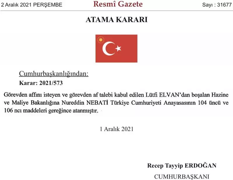 Hazine ve Maliye Bakanı Lütfi Elvan istifa etti. Yerine yardımcısı Nureddin Nebati getirildi. Resmi Gazete'nin bugünkü sayısında yer alan atama kararına göre, Hazine ve Maliye Bakanı Lütfi Elvan görevden affını istedi. 