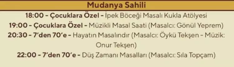 Bursa Büyükşehir Belediyesi tarafından düzenlenen ‘Evvel Zaman Masal Şenliği’ Türkiye’nin dört bir yanından gelen 20 masal anlatıcısını 40 masalla başta çocuklar olmak üzere tüm Bursalılarla buluşturuyor. İlgi çekici etkinlik Tüm hemşehrilerimizi bu masal tadındaki şenliğe bekliyoruz. İlgi çekici etkinlik 9-10-11 Temmuz Saat:18.00 Mudanya Sahili'nde olacak.