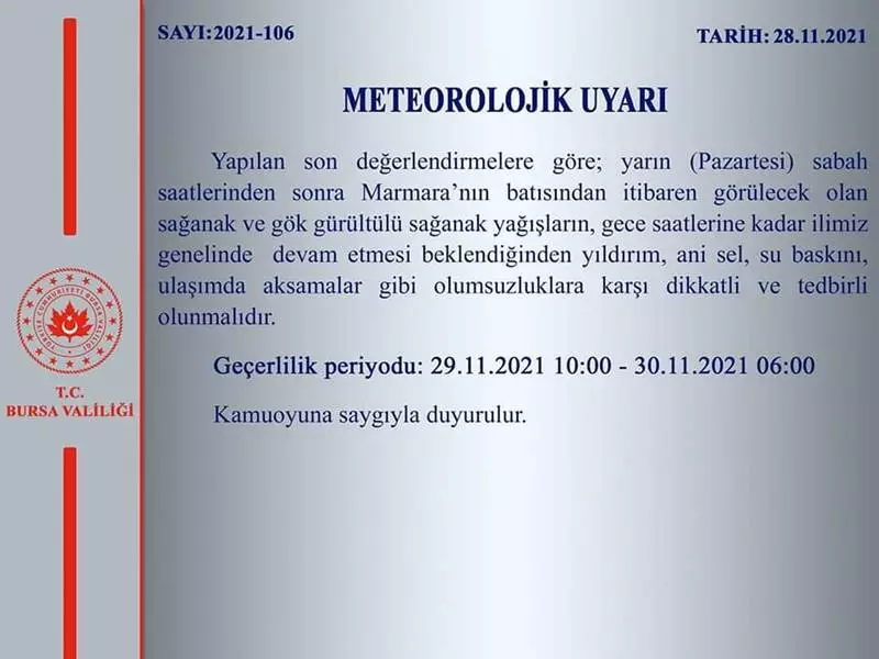 Meteoroloji'den Kuvvetli Yağış Uyarısı