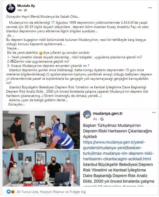  Mustafa AY sosyal medya hesabından Başkan Türkyılmaz'ın "Mudanya Deprem Riski Haritası Çıkarılacak" açıklamasını Tİ'ye alan bir açıklamayla birlikte dikkat çekici sorular sordu.