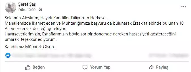 Şükrü Çavuş Mahalle Muhtarı Şeref ŞAŞ pandemi sürecinde ekonomik zorluk çeken mahalle sakinlerinin umudu oldu. Hayırseverlerin desteği ile gıda, giyim paketleri, uzaktan eğitim için tablet bilgisayar ve alışveriş çeklerini ihtiyaç sahiplerine ulaştırmaya devam ediyor.