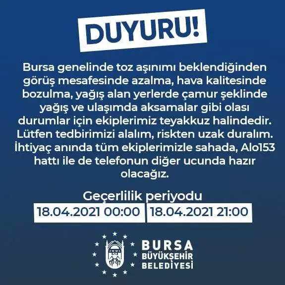 Meteoroloji 3. Bölge Müdürlüğü Eskişehir Bölge Tahmin ve Erken Uyarı Merkezinden açıklamaya göre, bu geceden pazar akşamına kadar Eskişehir, Bursa, Kütahya ve Bilecik genelinde toz taşınımı öngörülüyor.