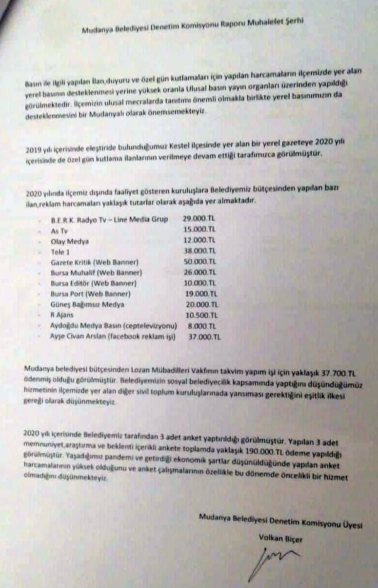 Mudanya Belediye Başkanı Hayri Türkyılmaz'ın pandemi sürecinin ağır ekonomik koşullarında Mudanyalıların parasını nasıl çarcur ettiğini MHP'li Mudanya Belediye Meclisi Bülent Erden belge ile gündeme taşıdı. Meclis Denetleme Komisyonu Cumhur İttifakı Üyesi Volkan Biçer imzalı şerh belgesini gündeme taşıyan Bület Erden şok edici harcamaların buzdağının görünen yüzü bile olmadığını ima etti.
