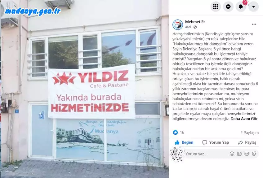 Mudanya Belediye Başkanı Hayri Türkyılmaz'ın göreve gelir gelmez belediye kiracılarıyla ilgili olarak başlattığı kira artış ve tahliye kararları 6 yıl sonra yargıdan dönmeye başladı. Mudanya Belediye Binası altından hukuksuzca tahliye edilerek mağdur edilen pastane sahiplerinin yargıya taşıdığı konu 6 yıl sonra Mudanya Belediyesinin yer iadesi kararıyla noktalandı. Memleket Partisi Mudanya Belediye Meclis Üyesi Mehmet Er sırada söz konusu işletmenin açacağı 6 yıllık zararın karşılanmasına yönelik tazminat davası olduğuna işaret ederek dikkat çekici bir açıklama yaptı.