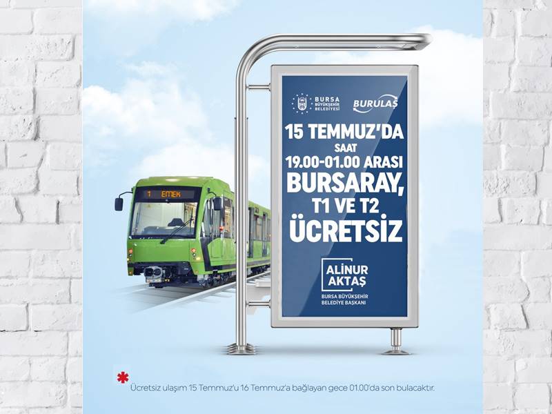 Bursa'da 15 Temmuz'da Bursaray, T1 ve T2 hatlarının 19.00-01.00 saatleri arasında ücretsiz olacak.
