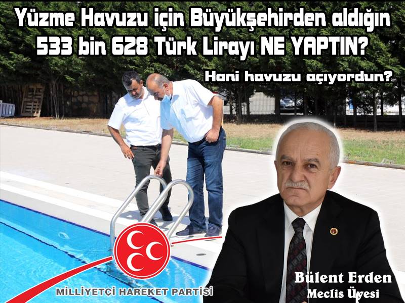  MHP'li Mudanya Belediye Meclisi Üyesi Bülent Erden sosyal medya paylaşımında Başkan Türkyılmaz'ın Bursa Büyükşehir Belediyesinden Yüzme Havuzu için tahsil ettiği 533 bin 628 Türk Lirasını nereye harcadığını Mudanyalılara şeffaf belediyecilik adına açıklamasını istedi. Erden dikkat çekici tavsiyelerde bulunarak "Büyükşehir Belediye Başkanı Sayın Aktaş'ı ziyaret edin. Kabul ederse havuzu geri geri verin. Zira sizin sosyal demokratlık bir yana süper kapitalist anlayışınızla Mudanyalılar Yüzme Havuzu açılsa bile asla ekonomik bir fiyatla yararlanamazlar" dedi.