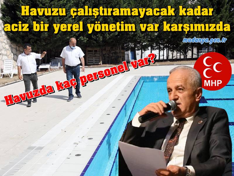 Mudanya Belediye Meclisi MHP Grup Sözcüsü Bülente ERDEN Mudanya Belediye Başkanı Hayri Türkyılmaz'ın mahkeme kararı ve tazminat alarak Bursa Büyükşehir Belediyesi uhdesinden aldığı Yüzme Havuzu'nu kış mevsiminde çalıştıramayacak bir acizlik içinde bulunduğunu belirterek "Havuzu çalıştıramayacak kadar aciz bir yerel yönetim var karşımızda" dedi. 