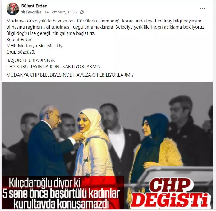 Milliyetçi Hareket Parti'li Mudanya Belediye Meclisi Üyesi Bülent Erden dün sosyal medya hesabından açıklama yaparak Mudanya Güzelyalı'da bulunan yüzme havuzuna haşema mayo ile kadınların ve genç kızların alınmadığı, vatandaşların ötekileştirildiğine ilişkin algının ilçe halkını meşgul ettiğini vurgulamış,  Belediye yetkililerinden ve CHP Mudanya İlçe Örgütü Başkanlığından bir bilgilendirme talep etmişti. Erden aradan geçen 24 saat sonrasında bugün "Şu ana kadar Belediye yetkililerinden açıklama gelmedi" diyerek açıklama yaptı. Erden konunun takipçisi olacaklarını vurguladı.