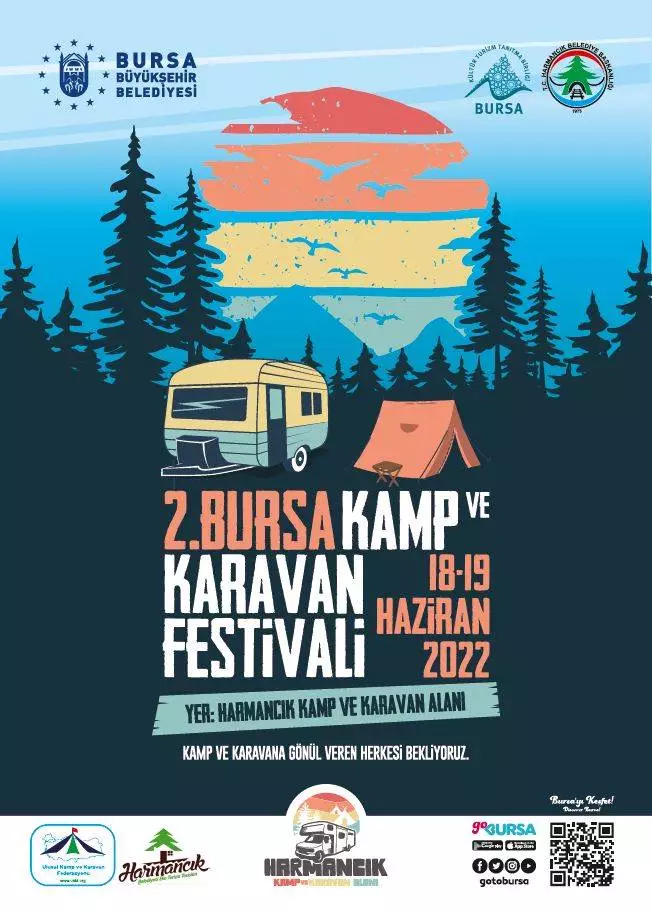 Bursa Kamp ve Karavan Festivali, 18-19 Haziran 2022 tarihlerinde Harmancık ilçesinde gerçekleştirilecek. Büyükşehir Belediyesi, Harmancık Belediyesi ve Bursa Kültür Turizm ve Tanıtma Birliği ile Ulusal Kamp ve Karavan Federasyonu’nun organizasyonuyla, kamp ve karavan tutkunları ikinci kez Bursa’da bir araya gelecek. Bursa Kamp ve Karavan Festivali, 18-19 Haziran 2022 tarihlerinde Bursa’nın eko turizm tesisleriyle ünlü Harmancık ilçesinde yapılacak.
