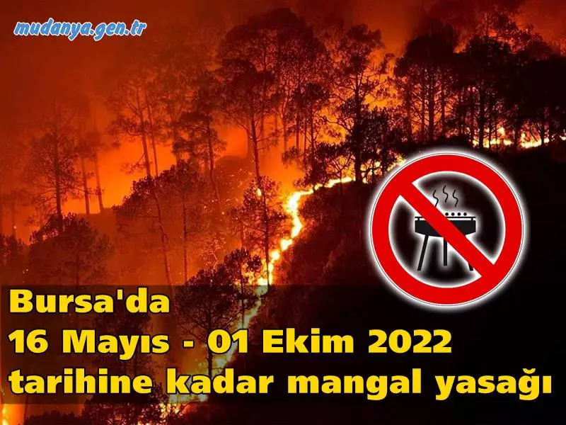 Bursa'da 16 Mayıs - 01 Ekim 2022 tarihleri arasında geçerli olacak şekilde Resmi Tescilli piknik / mesire alanları dışında kalan ormanlık alanlarda; mangal vb. ateşli piknik yapılması, orman içi yollarda ATV, UTV, motosiklet vb. vasıtalarla sportif amaçlı her türlü faaliyetler ile çadırlı kamp yapılması dilek feneri, meşale, havai fişek vb. yangın çıkmasına sebep olabilecek malzemeler sokulması ve kullanılması yasakladı.