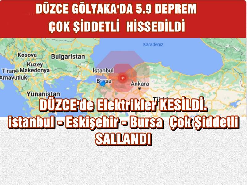 Bu sabah saat 04:08'de ilk belirlemelere göre DÜZCE GÖLYAKA - SARIDERE mevkiinde 5.9 büyüklüğünde bir deprem meydana geldi. Deprem İstanbul, Bursa ve Eskişehir başta olmak üzere şiddetli hissedildi. Bir dakiyaya yakın hissedilen deprem 1999  depreminin olduğu fay hattı üzerinde