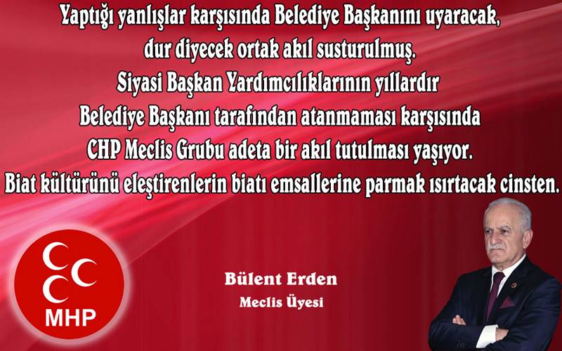 Dikkat çekici açıklamalarıyla ilçe gündemini sarsan MHP'li Mudanya Belediye Meclisi Üyesi Bülent Erden siyaset kulislerini hareketlendiren açıklamasında yıllardır ekibine güvenmediğini ima eden Belediye Başkanı Hayri Türkyılmaz'ın siyasi başkan yardımcılıklarını atamamasına sessiz kalan CHP'li Belediye Meclisi üyelerini sert bir dille eleştirdi. 