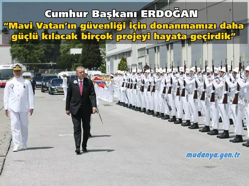 Cumhurbaşkanı Erdoğan, Hızırreis Denizaltısı Havuza Çekme ve Selmanreis Denizaltısı İlk Kaynak Töreni’nde yaptığı konuşmada, “Mavi Vatan’ın güvenliği için donanmamızı daha güçlü ve caydırıcı kılacak birçok projeyi hayata geçirdik” dedi.