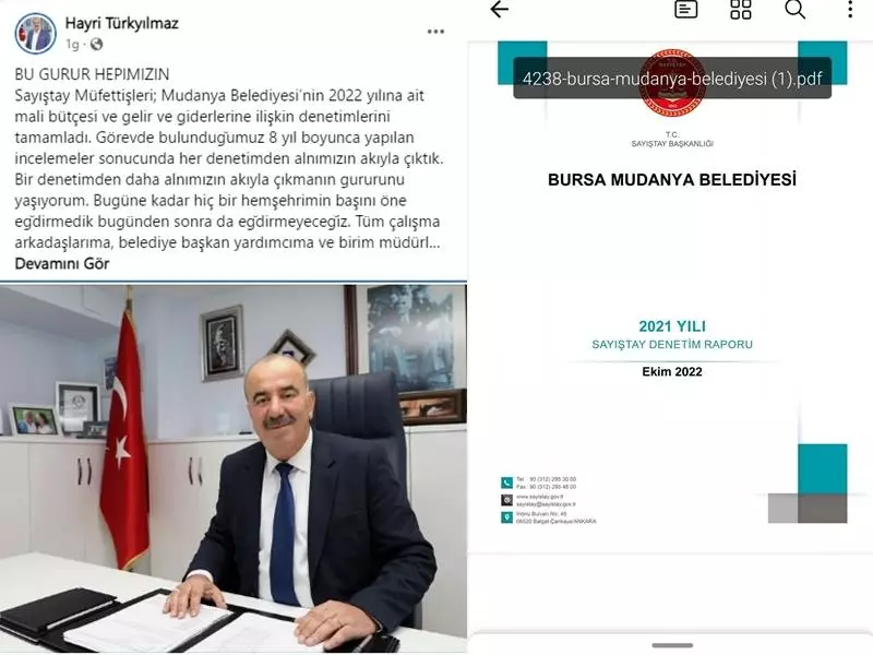 Mudanya Belediye Başkanı Hayri Türkyılmaz'ın sosyal medya hesabından Sayıştay Raporu'nu konu ederek "BU GURUR HEPİMİZİN" paylaşımı sonrası bir açıklamay yapan Mudanya Belediye Meclisi MHP Grup Sözcüsü Bülent ERDEN Başkan Türkyılmaz'ın doğruları söylemediğini SAYIŞTAY RAPORU'ndan paylaştığı paragraflarla ortaya çıkardı.