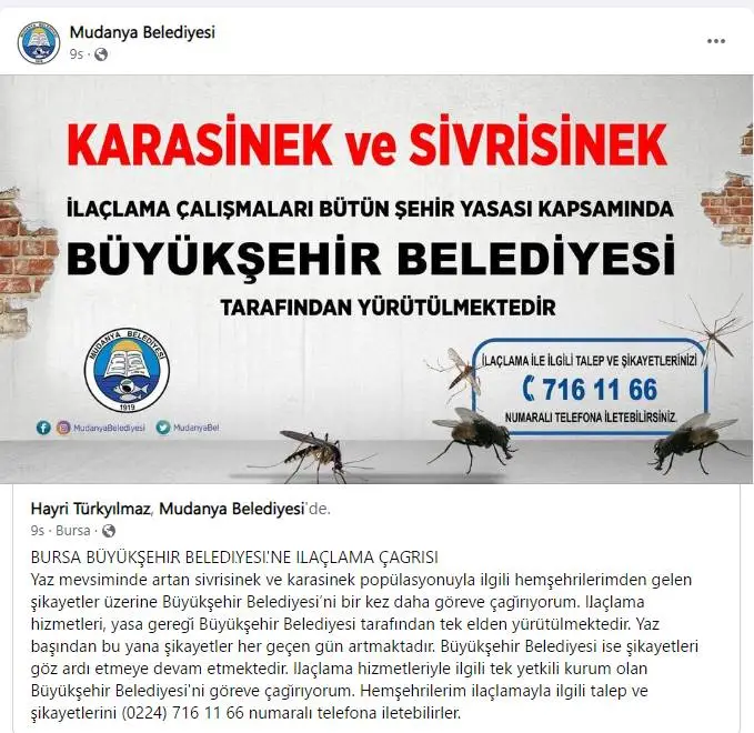 KARASİNEK İLAÇLAMA ÇAĞRISI MUDANYA BELEDİYESİ