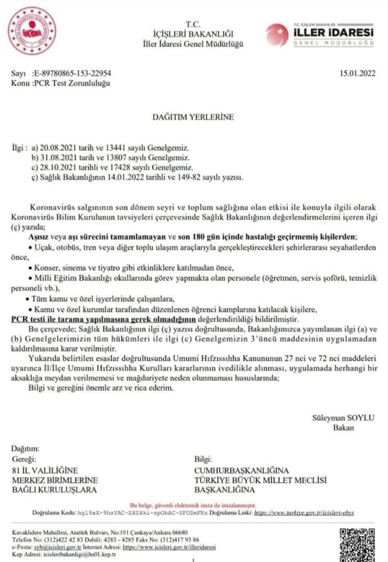 Seyahat, toplu etkinlik, kamu ve özel işyerleri ile okullarda aşısız ve aşı süreci tamamlanmamış kişiler için getirilen negatif PCR testi zorunluluğu tamamen kaldırıldı.