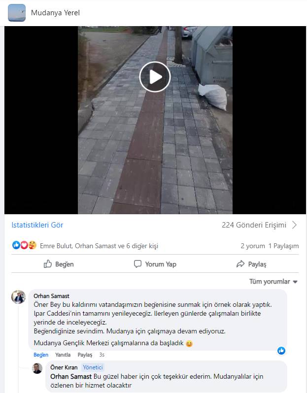 Geçtiğimiş gün Mudanya Yerel Facebook grubumuzda  yayınladığımız Mudanya Kaldırımları Böyle Olsun videomuza Ak Parti Mudanya İlçe Başkanı Orhan Samast'tan kayıtsız kalmadı. Samast müjdeli haberleri grubumuza yaptığı paylaşımla duyurdu.