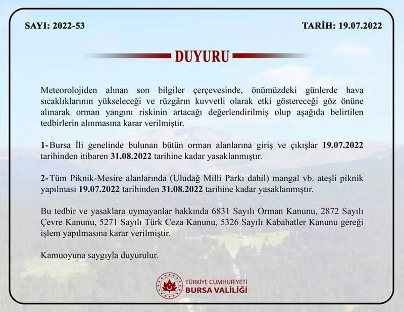 Bursa Valiliği aşırı sıcaklık ve kuvvetli rüzgar uyarısı yaparak ormanlık alanlara girişlerin ve mesire yerlerinde mangal ve ateşli piknik yapılmasını yasaklandığını  açıkladı.