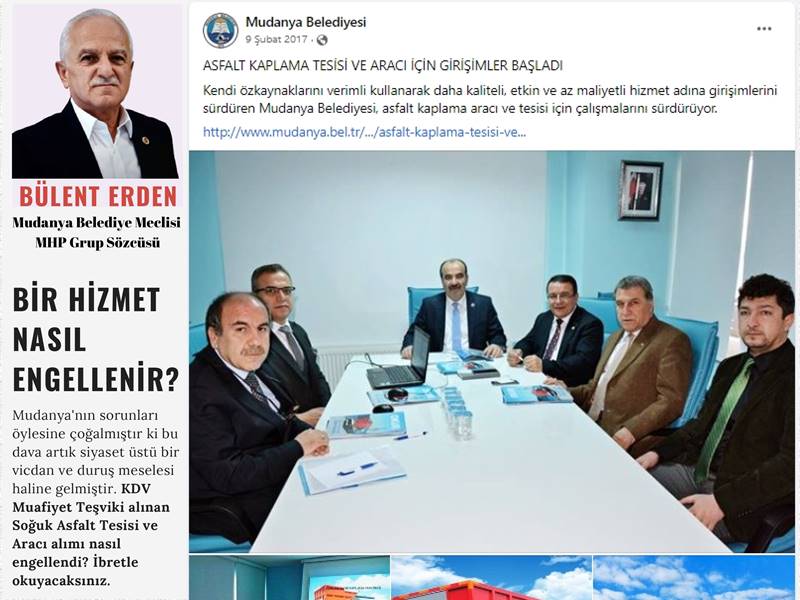 Mudanya Belediye Meclisi Milliyetçi Hareket Partisi Grup Sözcüsü  Bülent Erden Belediye Başkanı Hayri Türkyılmaz’ın 2014 dönemi seçim vaatlerinden biri “Arazi Yollarını Yapacağız, “ ileri ki yıllarda da Asfalt Şantiyemizi kurarak bütün köy, arazi yolları asfaltlanacak bu da bizim sözümüz “ vaatlerini gündeme taşıyarak. Satın alınmasına karar verilen fakat Başkan Türkyılmaz'ın son anda vazgeçtiği hazine teşvikleri ve kredi onayları alınan SOĞUK ASFALTLAMA TESİSİ ve ARACI'nın bugüne kadar kamuoyuna yansımayan sürecini paylaştı.