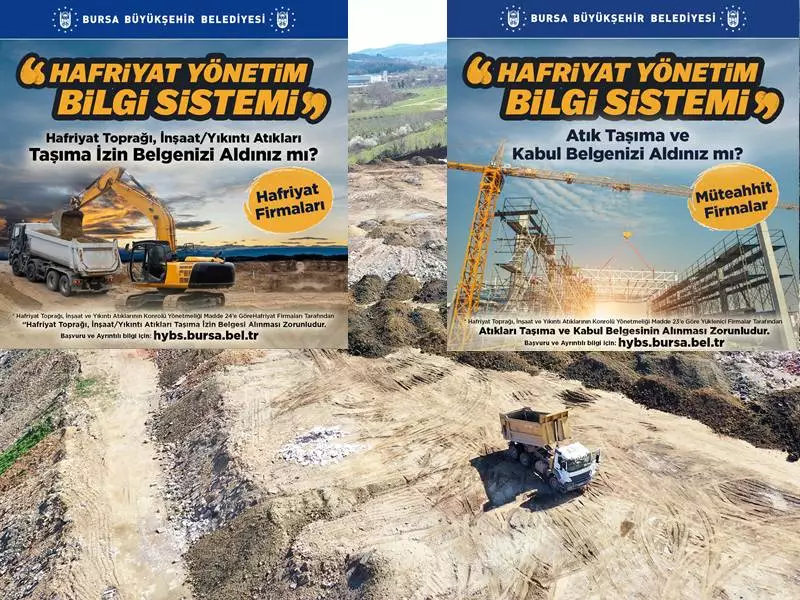 Bursa Büyükşehir Belediyesi tarafından geliştirilen ‘Hafriyat Yönetim Bilgi Sistemi’ ile kazı aşamasından, bertaraf sürecine kadar hafriyatlar sistem üzerinden anlık takip ediliyor.