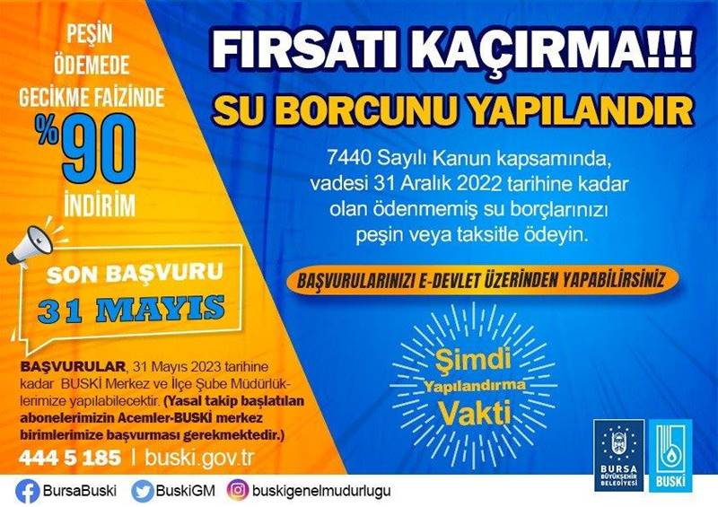 Resmi Gazete'de yayınlanan 7440 Sayılı Kanun ile vade tarihi 31 Aralık 2022 ve öncesine ait ödenmemiş borcu olan aboneler, yapılandırma fırsatından yararlanarak BUSKİ'ye ait borçlarını yapılandırabileceklerdir. Peşin ödemelerde gecikme faizinde yüzde 90’a varan indirim sağlayan kanun, ayrıca 48 aya kadar da eşit taksit imkanı sunuyor.