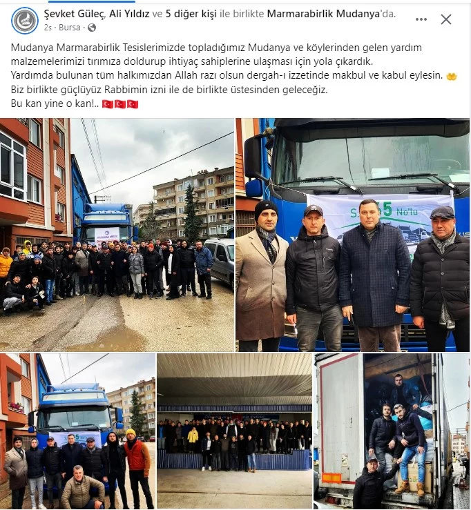 Mudanya'da Yerel siyasetin bir kenara bırakıldığı tüm siyasi partilerin, yerel yönetiminin, Sivil Toplum Kuruluşlarının tek yürek olarak soğukta kış gününde büyük bir deprem afeti yaşayan vatandaşlarımız için seferber olduğu müthiş bir beraberlik örneği yaşanıyor. Dualar enkaz altında kurtarılmayı bekleyen vatandaşlarımız için devam ederken özellikle Türk Kızılayı önderliğinde organize edilen gerekli yardımların toplanarak AFAD koordinasyonunda deprem bölgelerine aktarılmasına devam ediliyor.