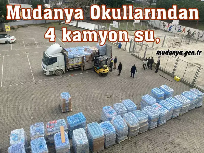 Mudanya'da Milli Eğitim Müdürlüğüne bağlı okullar öğrenci, öğretmen, veli ve tüm vatandaşlarımızın desteği ile 4 kamyon su, AFAD aracılığı ile iletilmek üzere AFAD depolarına gönderildi.