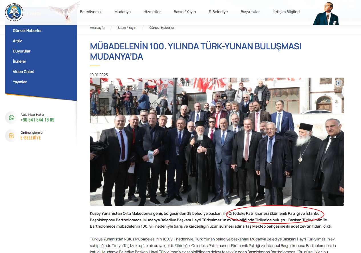 Mudanya Belediyesi sitesinde EKÜMENİK İFADESİ