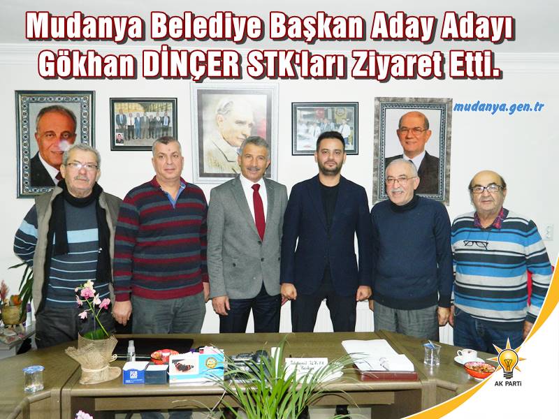 AK Parti Mudanya Belediye Başkan Aday Adayı Gökhan Dinçer Mudanya'da faaliyet gösterek Sivil Toplum Kuruluşlarına bir dizi nezaket ziyareti gerçekleştirdi. İlk ziyaretini Mudanya Esnaf ve Sanatkarlar Kredi ve Kefalet Kooperatifine yapan Gökhan Dinçer'i Kooperatif Başkanı Tahammül İlhan ve Yönetim Kurulu ağırladı.