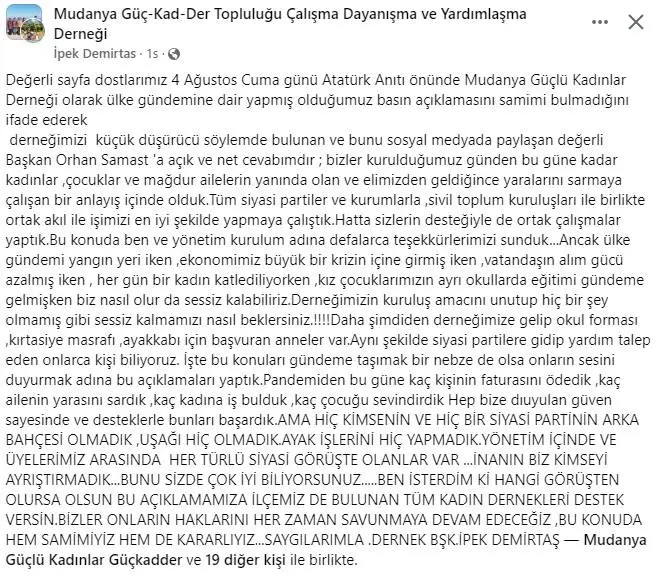 Güçlü Kadınlar Derneği Yönetim Kurulu Başkanı İpek Demirtaş Ak Parti İlçe Başkanı Orhan Samast'a sosyal medyadan cevap vererek " Biz hiç bir siyasi partiyi arayıp davet etmedik. Katılanlar da sosyal medyadan görüp katılanlar, bilginize" dedi.