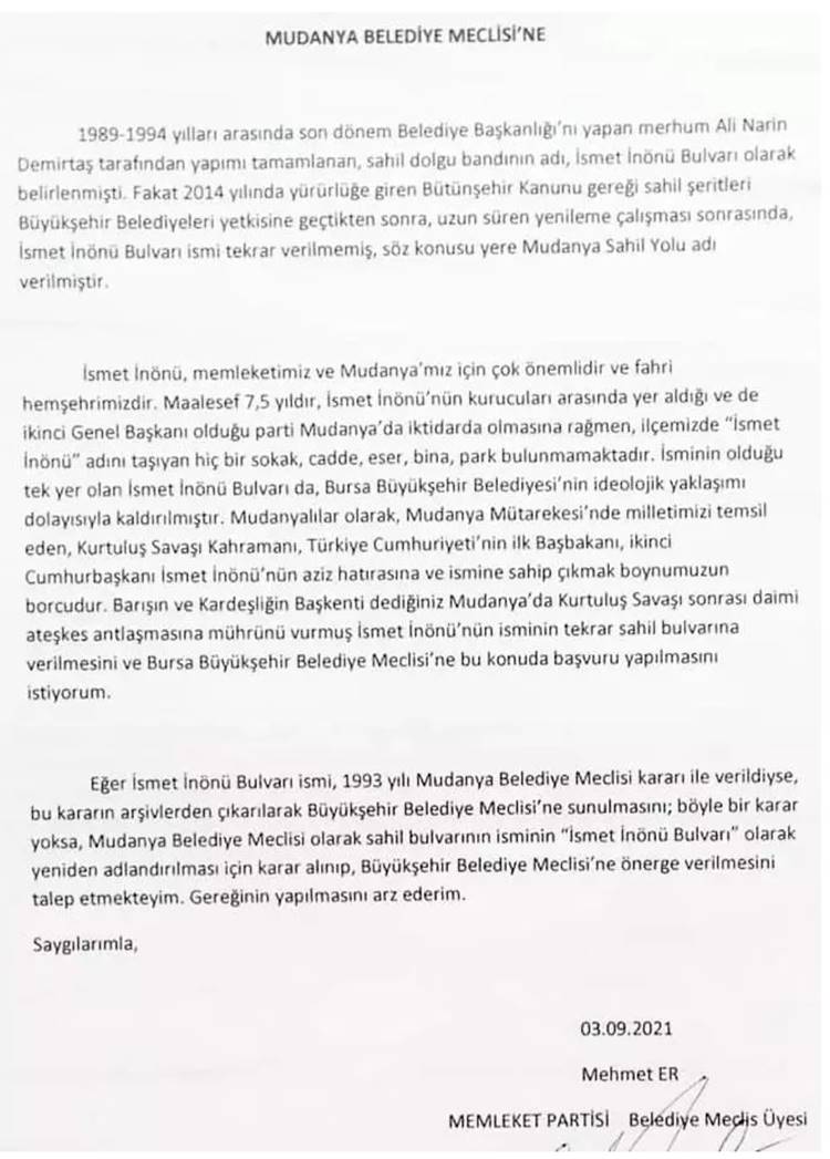 Totem krizinin üzerine giden Mudanya Belediye Başkanı Hayri Türkyılmaz'ın Büyükşehir Belediyesi görevlilerine tepki vermesi ve olay yerinden sosyal medyada canlı yayın açması Memleket Partisi Mudanya İlçe Başkanı ve Belediye Meclisi üyesi Mehmet Er'in resmi belge arşivine takıldı