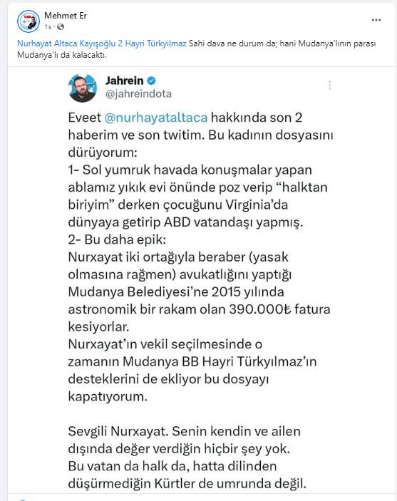 Mehmet Er'in twitter fenomeni Jahrein'in Mudanya Belediye Başkanı Hayri Türkyılmaz'ı da hedef alan twitini paylaşması ilçe siyasetini gerdi.